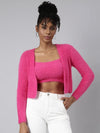 Women Solid Pink Crop Front-Open Sweater-CHN-3022-Pink