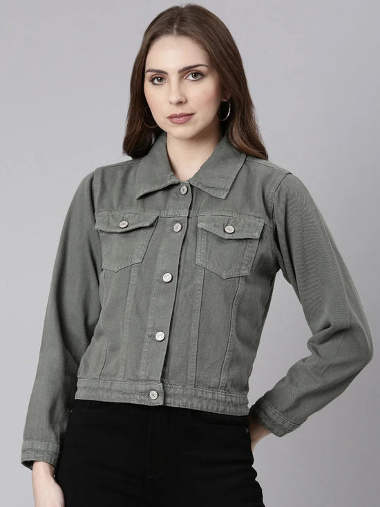 Women Grey Solid Denim Jacket-GZ-5598-Grey