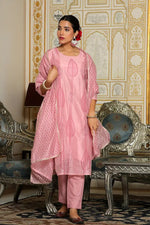 Vaasva Women Pink Chanderi Block Printed Embroidered Kurta Set With Solid Pants & Dupatta-133-Vaas-Pink