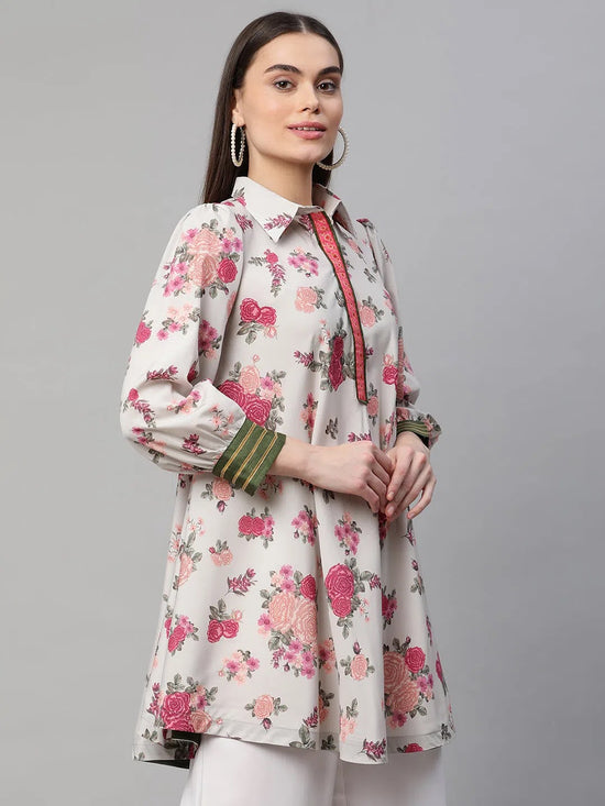 Ahalyaa Women Beige Crepe Digital Floral Print Tunic