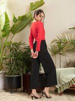 Women Red & Black V Neck Belted Wrap Jumpsuit