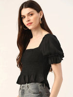 Black Smocking Puff Sleeve Top