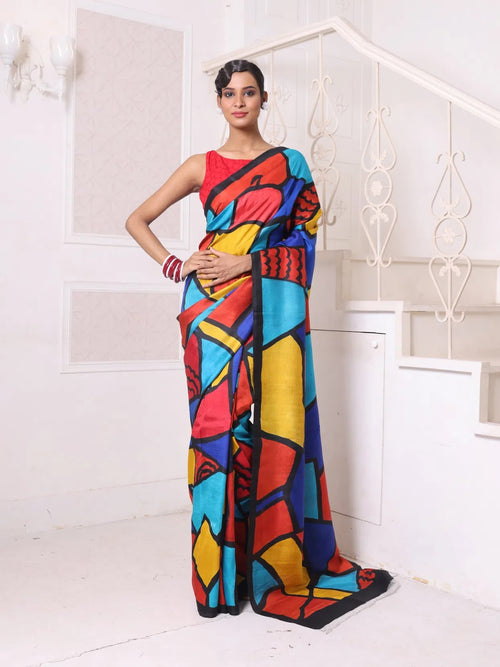 Multicolor Abstract Hand Painted Pure Silk Handwoven Soft Saree-MA64SL3000064