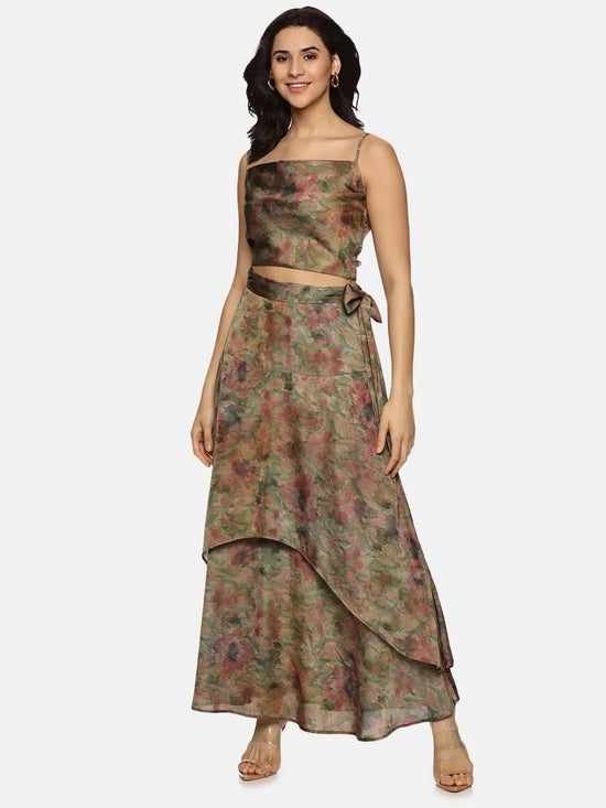 Floral Brown Asymmetrical Flare Maxi Skirt-17355