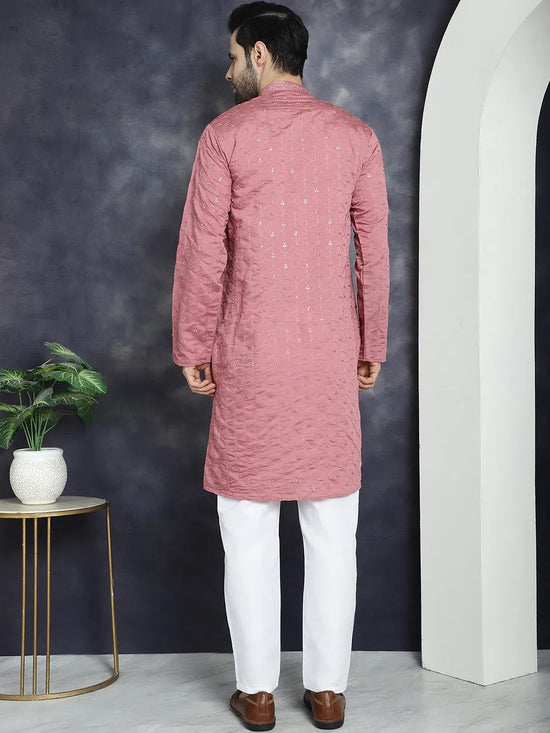 Men's Sequins Embroidered Kurta With Pyjama.-JOKP-P-5044Coral