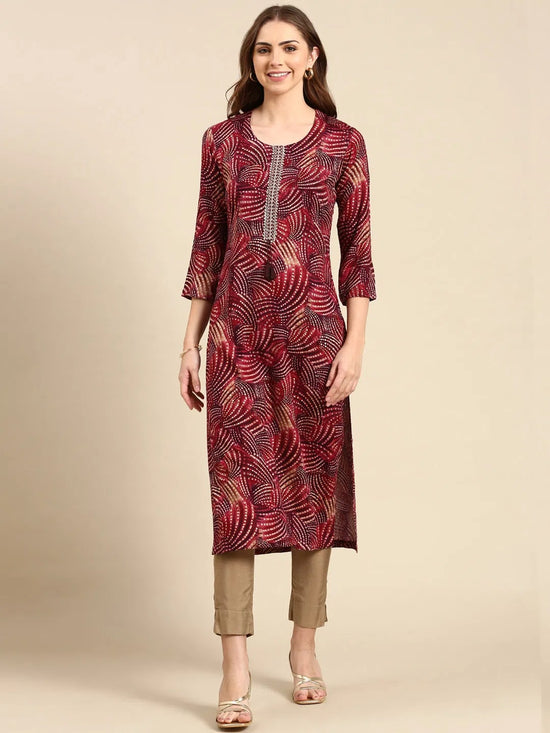 Women's Burgundy Printed Straight Kurta-AT-A754-Burgundy