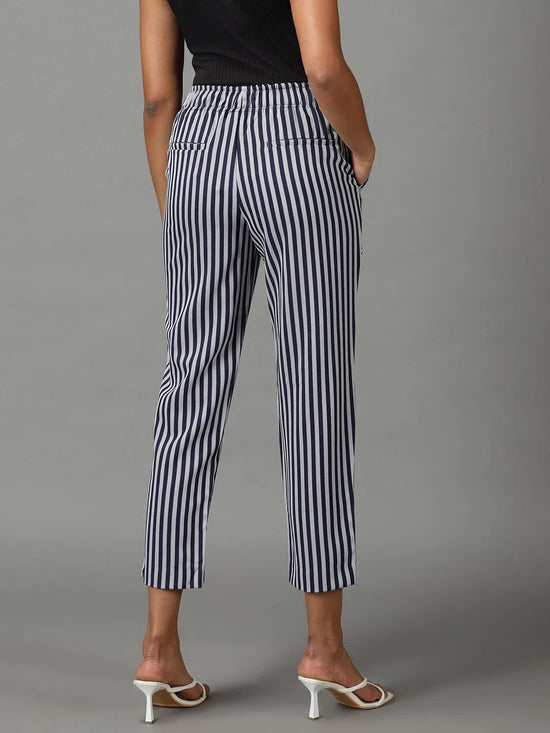 Women's Navy Blue Striped Formal Trouser-IM-9897-Navyblue