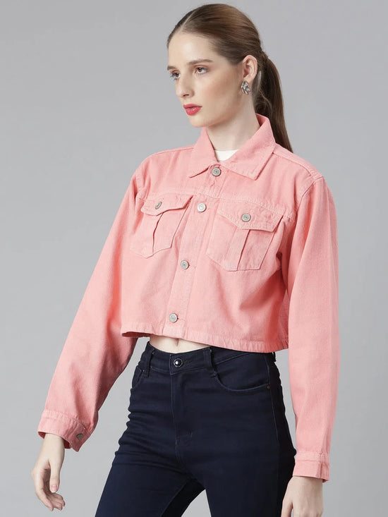 Women Coral Solid Denim Jacket-GZ-5600-Coral