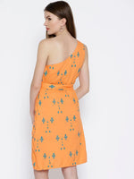 One shoulder overlap cross tie Printed Dress in Peach