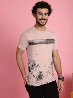 Venitian Men Printed Round Neck Pink Cotton Lycra T-Shirt