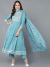 Ahika Women Blue Rayon Blend Embroidered Anarkali Kurta Pant Set With Dupatta