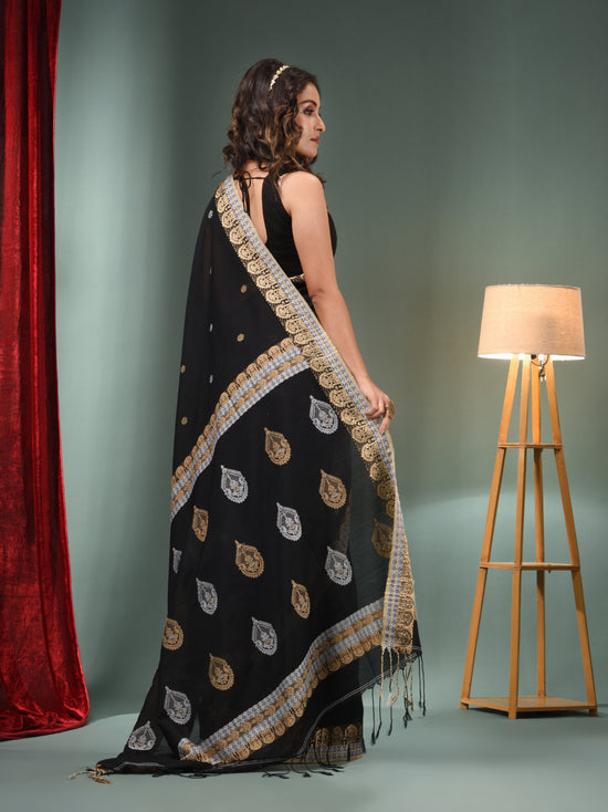 Black Cotton Handwoven Saree With Woven Designs-MA50CT061410087