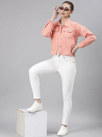 Women Peach Solid Denim Jacket-GZ-5598-Peach