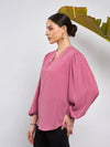 Women Pink Puff Sleeves V-Neck Blouse