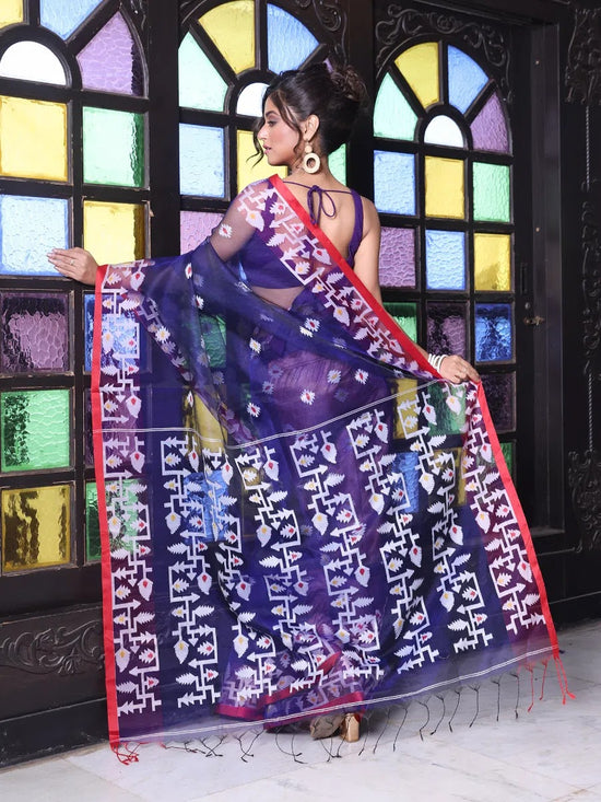 Blue Muslin Saree With Jamdani Designs-MA64MS401190019