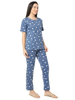 Smarty Pants Women's Cotton Lycra Blue Color Teddy Print Night Suit