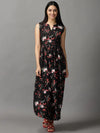 Women's Black Floral Fit and Flare Dress-AE-15747-Black