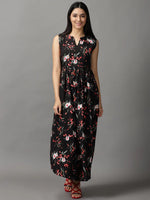 Women's Black Floral Fit and Flare Dress-AE-15747-Black