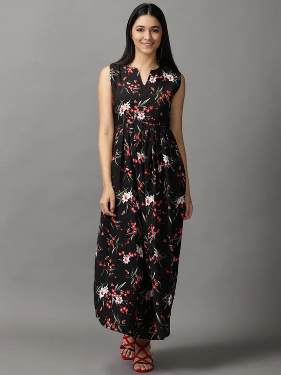 Women's Black Floral Fit and Flare Dress-AE-15747-Black