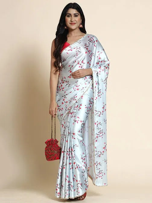 Avanshee Women's Latest Bollywood Floral Printed Satin Saree With Unstiched Blouse-8081-SBLUE