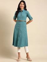 Women's Blue Solid A-Line Kurta-DF-4698-Teal