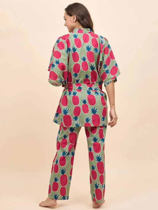 Kurta Pyjama with Kaftan Overlay Set in Green and Pink Pineapple Print