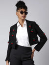 Women Black Solid Single Breasted Crop Blazer-53-Black