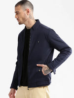 Men Mock Collar Navy Blue Solid Bomber Jacket-ZD-3100-Navyblue