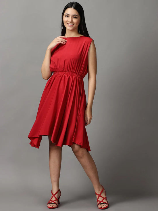 Women's Red Solid Fit and Flare Dress-AE-15755-Maroon