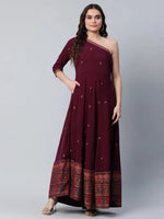 Ahalyaa Women Burgundy & Gold Toned Ethnic Motifs One Shoulder Ethnic Maxi Dress