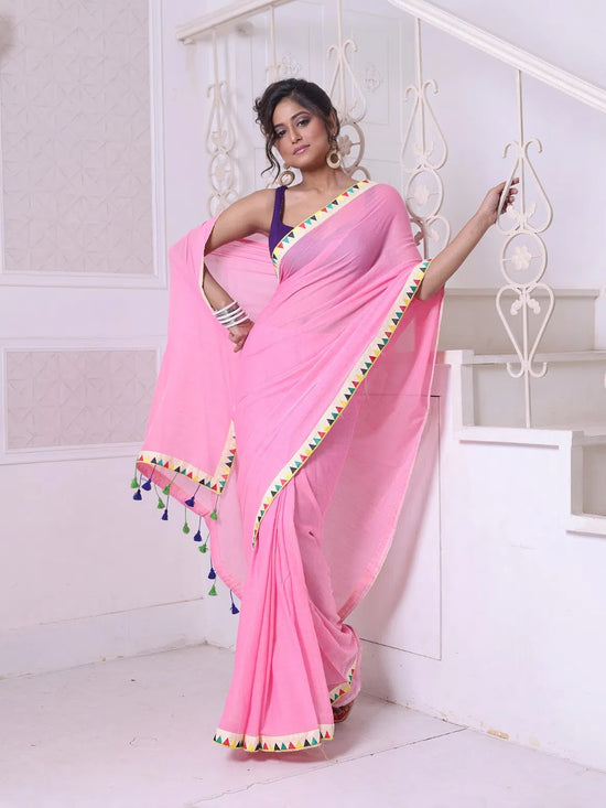 Pink Mulmul Cotton Soft Saree With Patch Work Borders-MA62MCT33830021