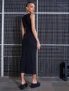 Women Black Rib Contrast Binding Back Slit Midi Dress