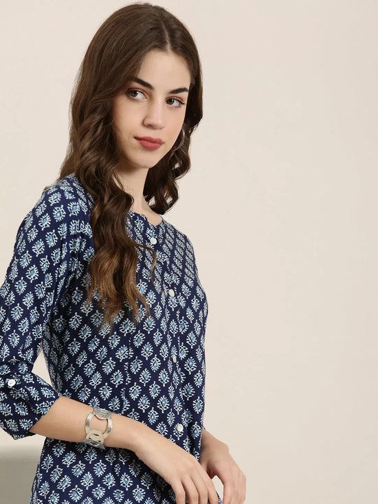 Women Navy Blue Printed A-Line Kurta-AT-A880-A-Navyblue