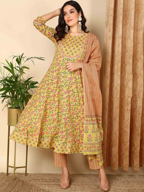 Ahika Women Yellow Cotton Printed Anarkali Kurta Pant Set