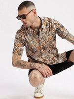 Men Spread Collar Animal Orange Casual Shirt-REVERIE-2121-Orange