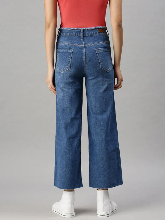 Women's Denim Wide Leg Blue Jeans-TRP4142B-Blue