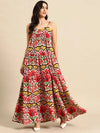 Tiered maxi Dress in Red and Cream Ikkat Print