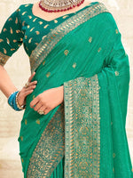 Saree Mall Women's Vichitra  Sea Green Embellished Designer Saree With Blouse Piece-NISHA1003