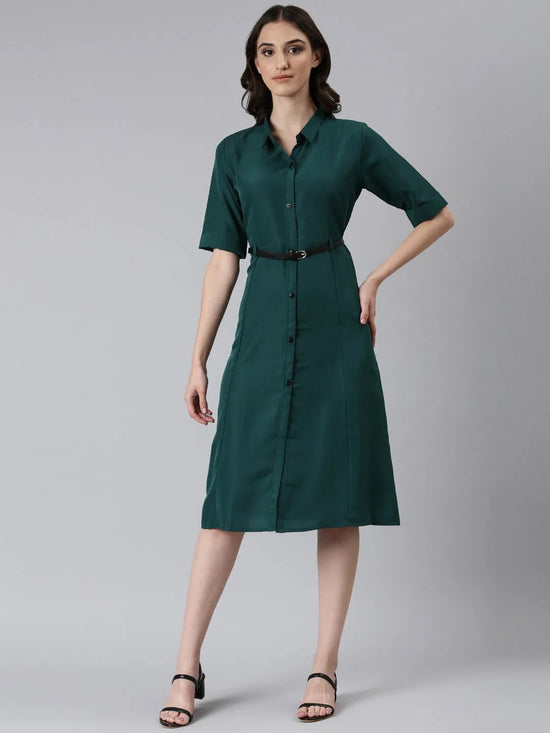 Women Green Solid Shirt Dress-DF-1589-Green