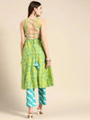 Deep back tie up kurta palazzo in Lime Green