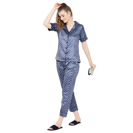 Smarty Pants Women's Silk Satin Blue Color Polka Dot Night Suit