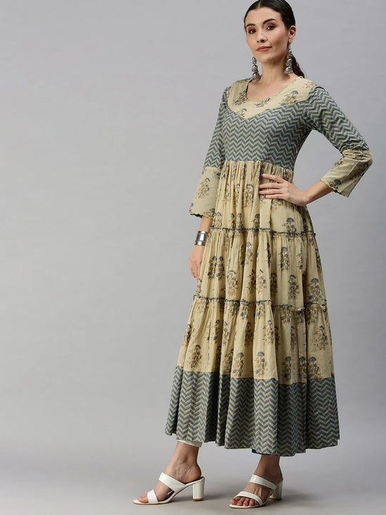 Women's Beige & Blue Printed Anarkali Kurta-BS11100-Beige-Blue