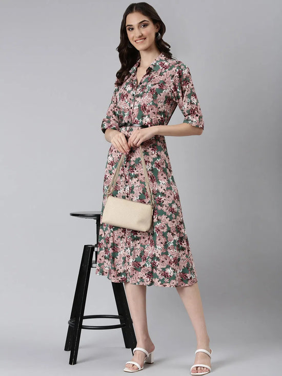 Women Green Floral Shirt Dress-AE-10680-Green