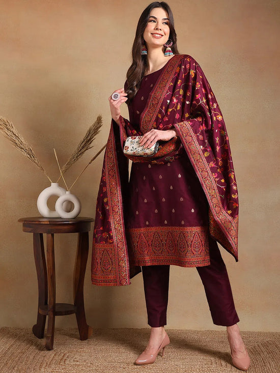 Ahika Women Burgundy Poly Chanderi Woven Design Straight Kurta Pant Set With Dupatta