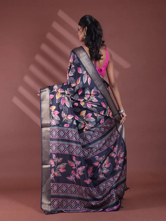 Black Foliage Print Silk Soft Saree With Zari Border-MA60BSL01460027