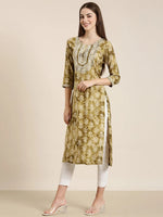 Women Olive Floral Straight Kurta-AT-A1078-K-Olive