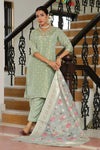 Vaasva Women Aqua Tissue Brocade Embroidered Kurta With Scalloped Pant & Dupatta-129-Vaas-Aqua