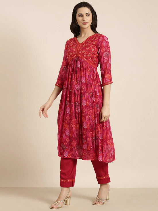 Women Anarkali Pink Floral Kurta and Trousers Set Comes With Dupatta-AT-A1377-KPD-Pink