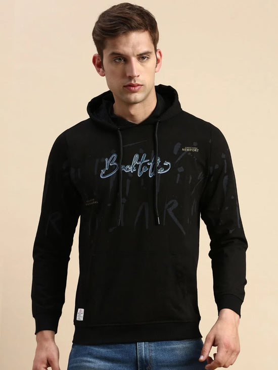 Men Black Printed Casual Hoodie-BP-1414-Black