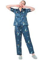 Smarty Pants Women's Silk Satin Teal Blue Jasmine Print Night Suit